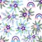 Floral seamless pattern with titian, lavender, blue, purple chamomile flower and leaves on pastel background