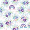 Floral seamless pattern with titian, lavender, blue, purple chamomile flower and leaves on pastel background