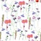 Floral seamless pattern, watercolor beautiful summer flowers bouquet poppies and cornflowers with butterflies.