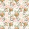 Floral seamless pattern with watercolor bicycle and pink flowers in basket. Romantic botanical print in vintage retro style