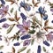 Floral seamless pattern with watercolor blue irises, muscari and white flowers