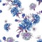 Floral seamless pattern with watercolor blue peonies and white anemones on white