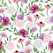 Floral seamless pattern with watercolor hand painted wildflower, rose, anemone, dandelion, green foliage, leaves and branches