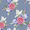 Floral seamless pattern with watercolor irises and roses.