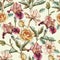 Floral seamless pattern with watercolor irises, roses and narcissus