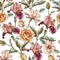 Floral seamless pattern with watercolor irises, roses and narcissus