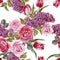 Floral seamless pattern with watercolor lilac, tulips and roses