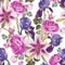 Floral seamless pattern with watercolor lilies, purple roses and violet iris