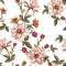 Floral seamless pattern with watercolor narcissus and chrysanthemums