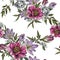 Floral seamless pattern with watercolor peonies, jasmine, tulips and rose