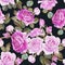 Floral seamless pattern with watercolor purple roses on the black background