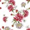 Floral seamless pattern with watercolor red peonies and white anemones on white background