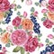 Floral seamless pattern with watercolor roses and black rowan berries