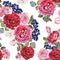 Floral seamless pattern with watercolor roses, black rowan berries