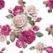 Floral seamless pattern with watercolor roses and leaves