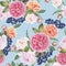 Floral seamless pattern with watercolor roses, peonies, black rowan berries on blue background