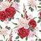 Floral seamless pattern with watercolor roses, white peonies and gladiolus flowers