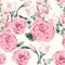 Floral seamless pattern with watercolor style pink roses and many kind blooming garden flowers.