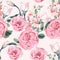 Floral seamless pattern with watercolor style pink roses and many kind blooming garden flowers.