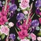 Floral seamless pattern with watercolor violet iris, purple gladiolus and pink roses