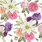 Floral seamless pattern with watercolor violet iris, white lilies and roses