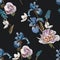 Floral seamless pattern with watercolor white peonies, anemones and blue irises