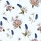 Floral seamless pattern with watercolor white peonies, anemones and muscari