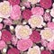 Floral seamless pattern with white peonies, pink and crimson roses.