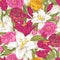 Floral seamless pattern with white and purple lilies, pink, crimson and yellow roses.