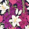 Floral seamless pattern with white and purple lilies and violet gladiolus flowers.