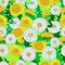 Floral seamless pattern. White and yellow dandelions and green leaves. Spring flowers, vector hand drawn illustration