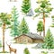 Floral seamless pattern of a wooden house,deer, pine, spruce,stone and deciduous tree.