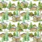 Floral seamless pattern of a wooden house, pine, spruce and deciduous tree.