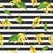 Floral seamless pattern with ylang ylang flowers Vector texture with tropical yellow flowers on black and white striped background