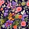 Floral seamless patterns with blooming meadows, garden flowers. The motifs of tropical botany are scattered random. Hand-drawn