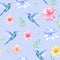 Floral seamless tropical pattern, summer background with exotic flowers, palm leaves, jungle leaf, orchid flower and