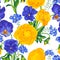 Floral seamless vector pattern. Ranunculus, blue and yellow pansies, forget-me-not hand-drawn realistic plants.