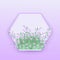 Floral seasonal vector illustration with little violet wildflowers in hexagon shaped badge.