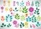 Floral Set of colorful doodle elements, tree branch, bush, plant, leaves, flowers, branches petals isolated on white.