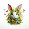Floral Silhouette Easter Bunny Composed of Colorful Flowers with Butterflies on a White Background