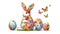 Floral Silhouette Easter Bunny and Easter eggs Composed of Colorful Flowers on a White Background