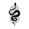 Floral snake. Black serpent in frame with flowers. Mystic animal tattoo. Spiritual vector illustration. Line art florals