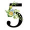 Floral spring alphabet. Number 5. Font element with spring garden flower bouquets composition. Flower number five