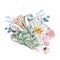 Floral spring card or poster graphic design with pink flowers, white lilies, eucalyptus and succulents.