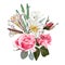 Floral spring card or poster graphic design with pink roses, white lilies, eucalyptus and succulents.