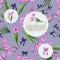 Floral spring templates of  hand drawn pink tulips and violet irises.