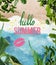 Floral  summer hello text tropical leaves and pink kiss blue sea sky text greetings card  banner template, backg