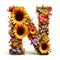 Floral and sunflower, colorful illustration letter N. Generative AI