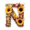 Floral and sunflower, colorful illustration letter N. Generative AI