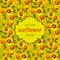 Floral sunflower and leafs seamless pattern background. Vintage text label.